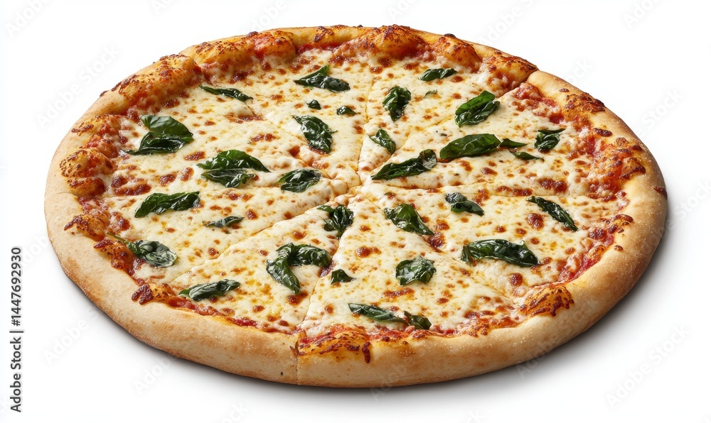 Freshly Baked Pizza with Spinach and Cheese on White Background Freshly Baked Pizza with Spinach and Cheese on White Background
