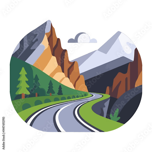 Scenic Mountain Road Illustration_Winding Highway Through Alpine Landscape_Travel Adventure Concept Art_Nature Scenery and Road Trip Visuals