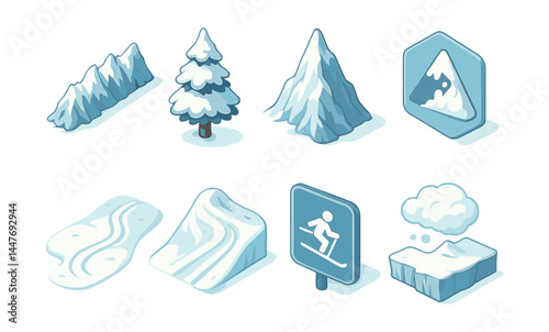Isometric winter mountain icons set – peaks, trees, slopes, signs, snow, clouds
