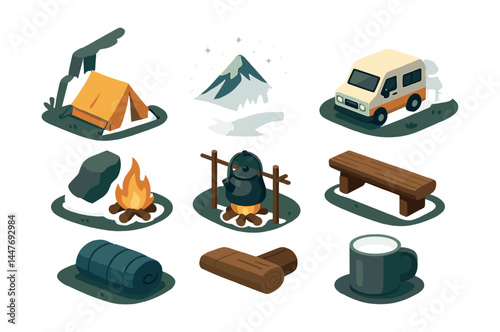 Mountain camping adventure icons set – tent, campfire, mountain, van, trekking