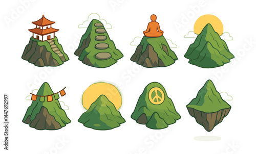 Spiritual mountain icons set - temple, meditation, pathway, peace, sunrise, floating island