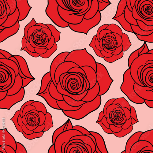 Wallpaper Mural Red rose top view seamless pattern for wrapping paper design vector illustration Torontodigital.ca