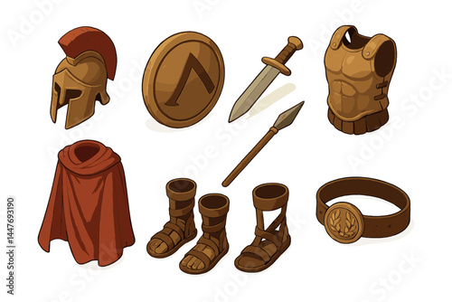Spartan warrior gear icons set – helmet, shield, sword, spear, armor, sandals, belt, cloak