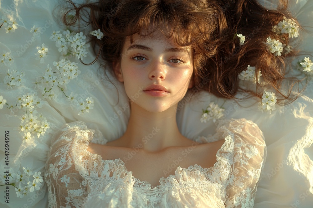 Gorgeous caucasian young woman surrounded by cherry blossoms. Spring mood, golden hour in sunset. Commercial promotion idea. Woman in colorful spring flowers. Vibrant woman in cherry blossoms.