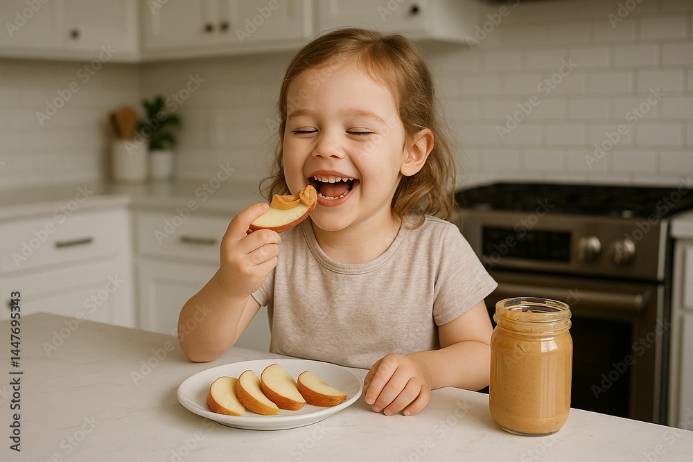 Child Eating Apple Slices with Peanut Butter Child Eating Apple Slices with Peanut Butter