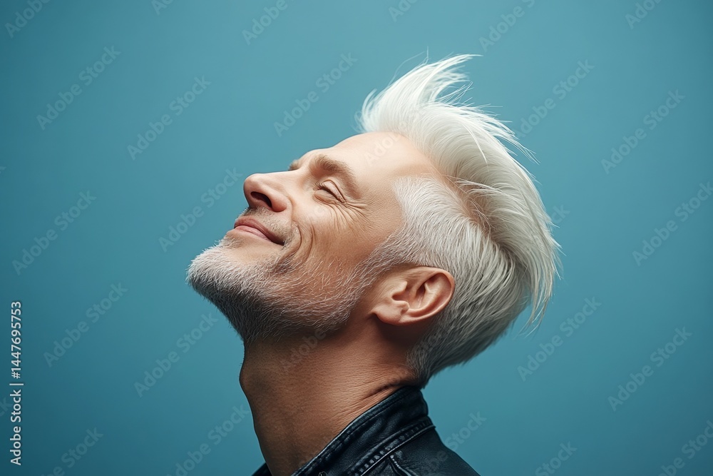 Trendy men's slick back with fade haircut - midlife white man with white hair. Creative of style for aging men. A peaceful and content male enjoying his portrait. Blue solid background.