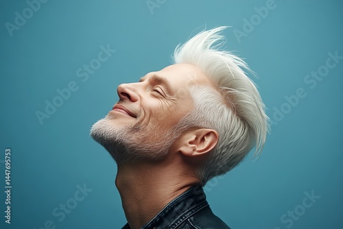 Obraz na płótnie Trendy men's slick back with fade haircut - midlife white man with white hair. Creative of style for aging men. A peaceful and content male enjoying his portrait. Blue solid background. w salonie