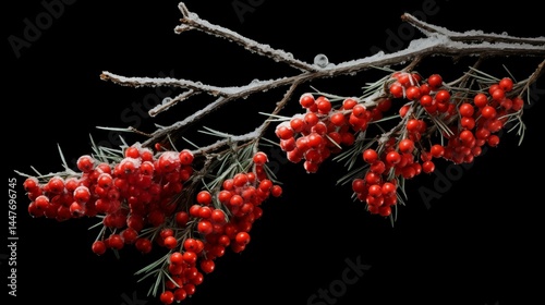 Frost-covered pine branch with bright red holly berries hanging