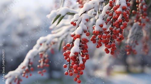Frost-covered pine branch with bright red holly berries hanging