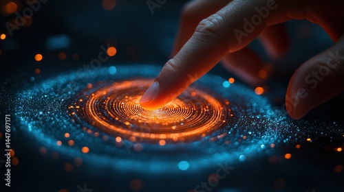 Finger touching a glowing circular interface with blue and orange light effects.