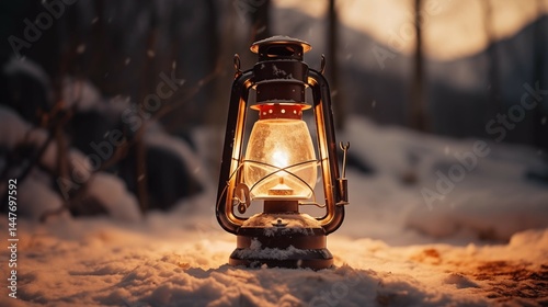 Antique lantern glowing warmly in the snow