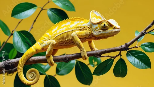 Fototapeta Vibrant yellow chameleon perched among green leaves