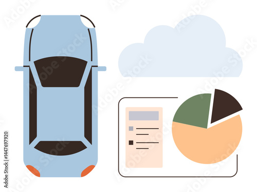 Top view of a car alongside cloud and data visualization with pie chart and checklist. Ideal for technology, analytics, mobility, cloud integration, innovation, IoT, smart solutions, simple landing