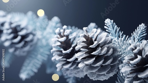 Pinecones dusted with hoarfrost hanging across