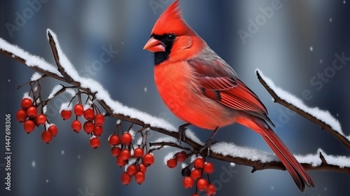 Scarlet cardinal perched on a snowy branch