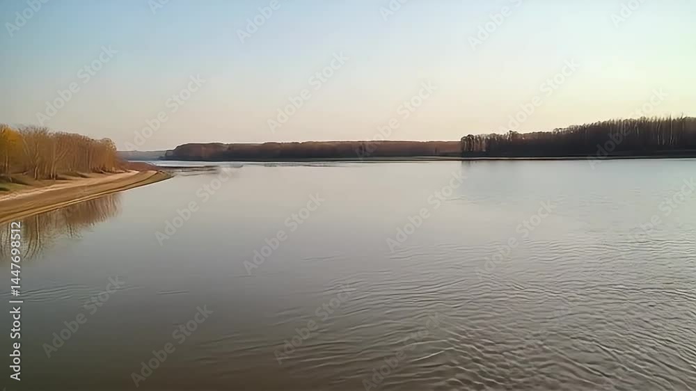 Calm River Flowing By Shoreline with Leafless Trees Under Clear Sky Calm River Flowing By Shoreline with Leafless Trees Under Clear Sky