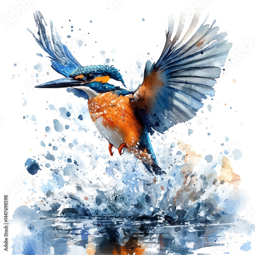 watercolor of Kingfisher Diving Into A River, vector, isolated on a white background.