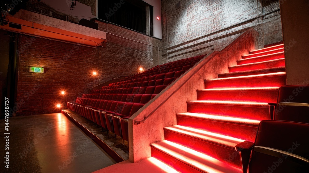 Obraz premium Classic red velvet theater seats with aisle lights glowing faintly, silent before a show begins