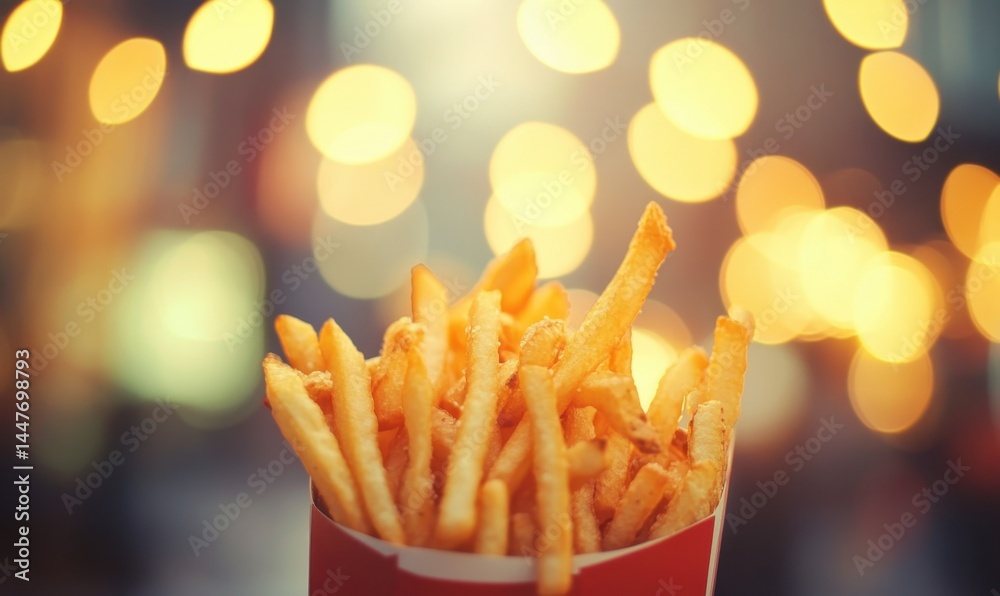 Crispy Golden French Fries with Blurry Festive Background Crispy Golden French Fries with Blurry Festive Background