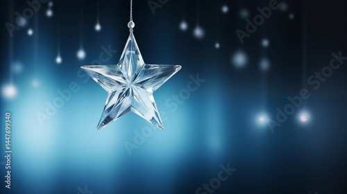 Shining Christmas star ornament dangling from an icy twig