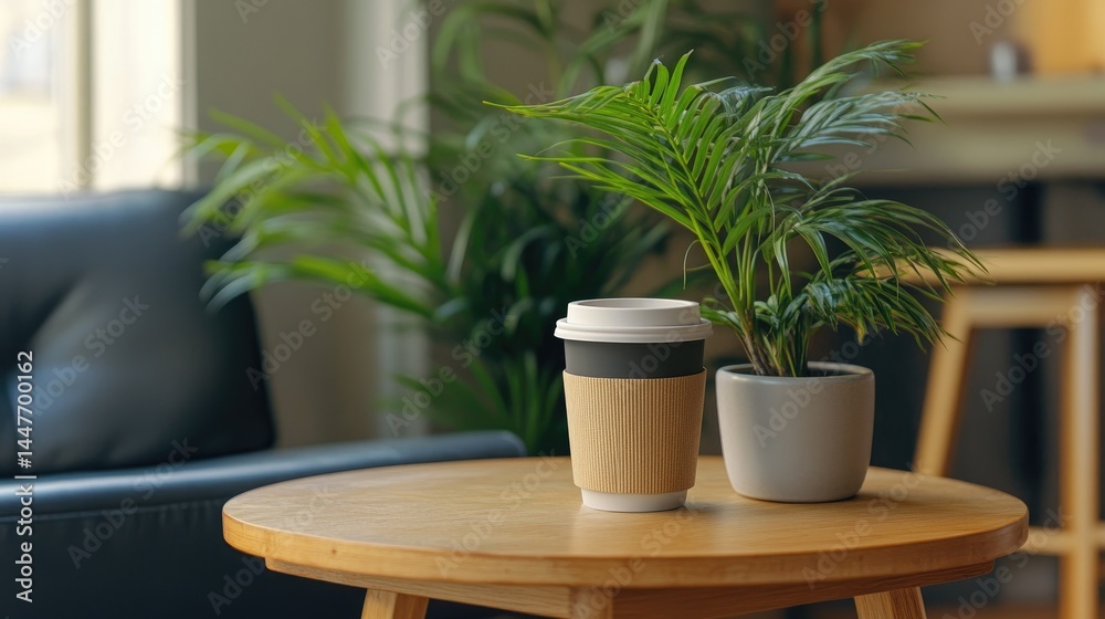 Compact reusable coffee cup and kraft sleeve resting on a modern cafe table beside a plant Compact reusable coffee cup and kraft sleeve resting on a modern cafe table beside a plant
