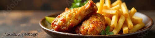 Crispy golden chicken wings with flavorful sauce & golden fries , crispy, delicious
