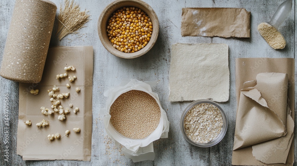 Compostable packaging laid out next to raw materials like corn starch and recycled pulp Compostable packaging laid out next to raw materials like corn starch and recycled pulp