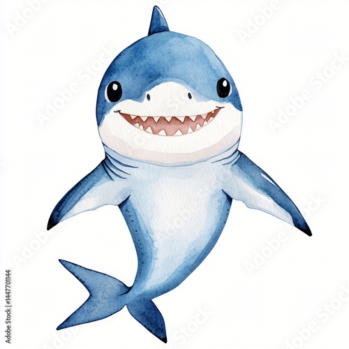 Adorable Watercolor Illustration of a Happy Baby Shark Perfect for Children's Decor and Prints