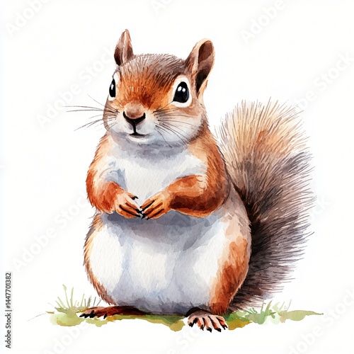 Adorable Red Squirrel Watercolor Painting Sitting on Grass Wildlife Art Print
