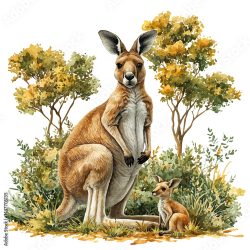 illustration of Kangaroo With A Joey In Her Pouch, watercolor vector, isolated on a white background.