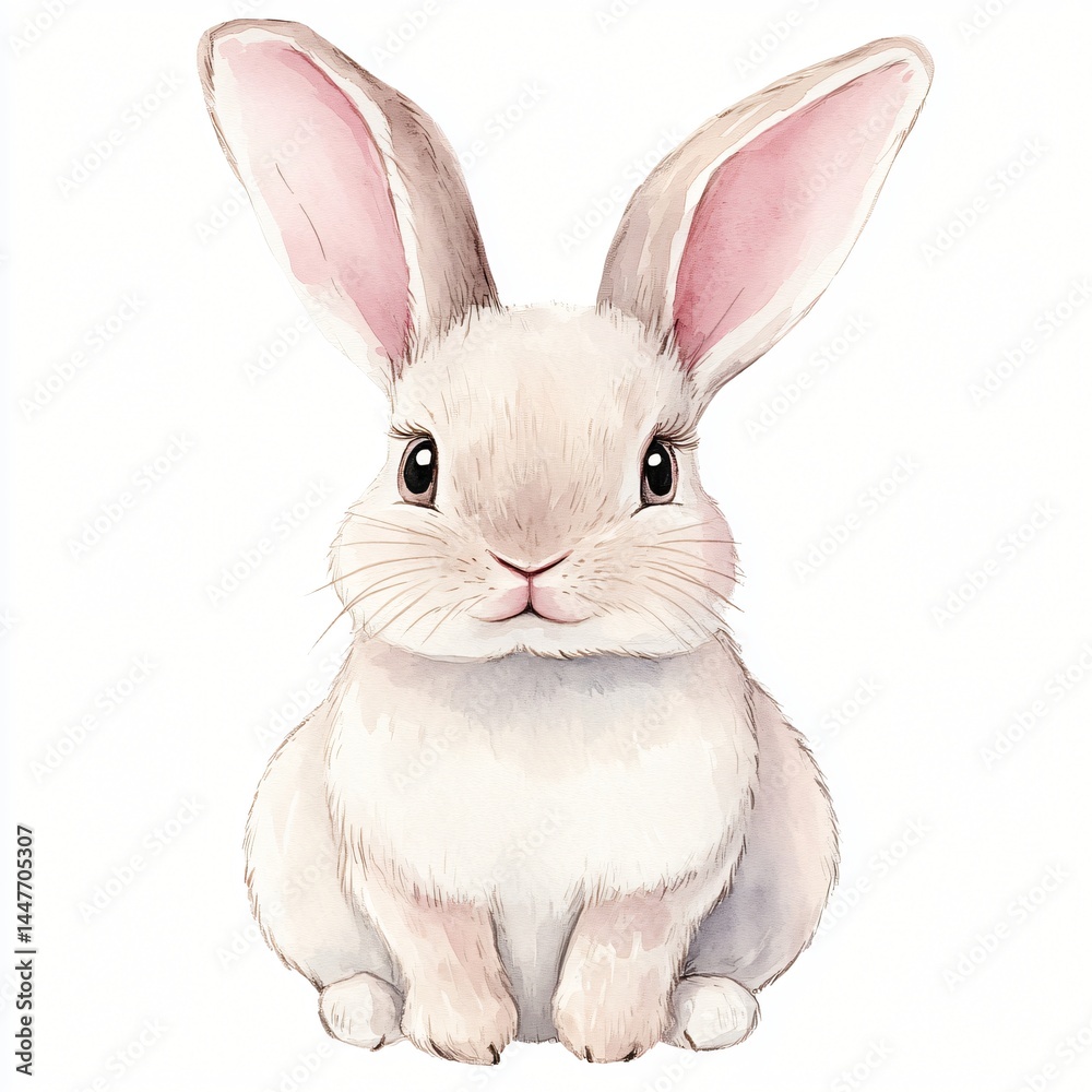 Fototapeta premium Adorable Watercolor Painting of a Cute Baby Bunny Rabbit Sitting on White BackgroundPerfect for Children's Illustrations