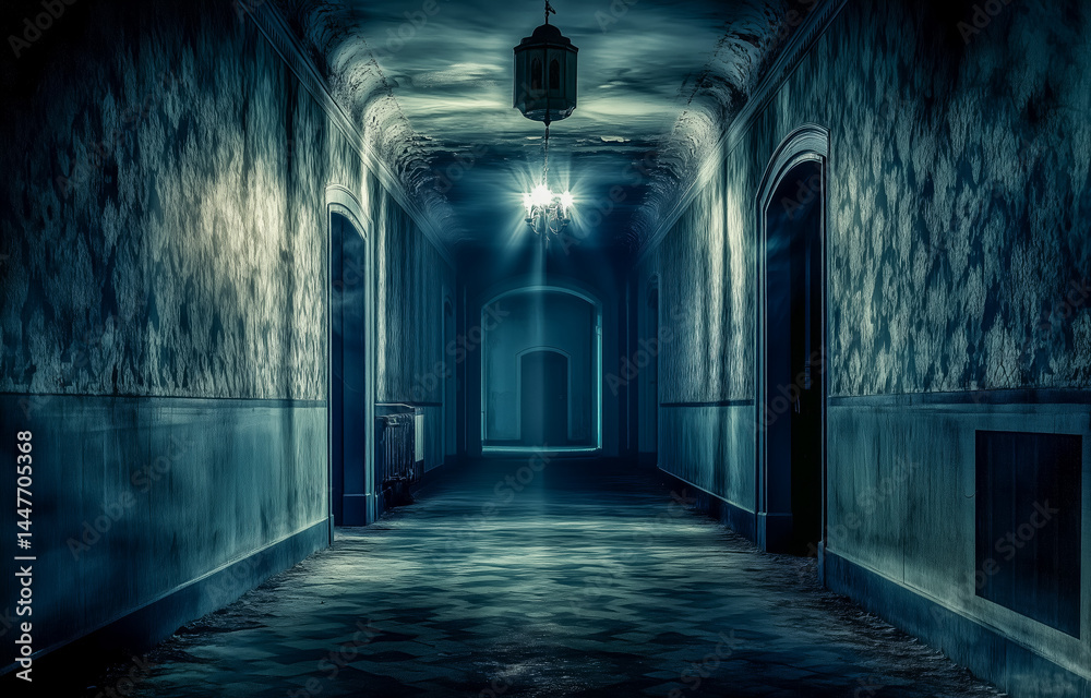 Fototapeta premium Dark and eerie hallway with vintage lighting and texture