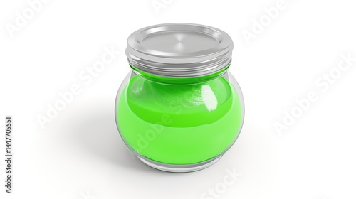 A glass jar filled with a refreshing green smoothie is prominently displayed alone on a clean white background, showcasing a creation possibly made with generative AI. The vibrant green color of the 