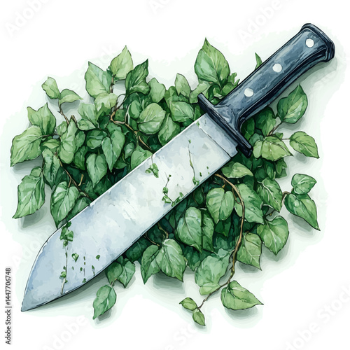 Jungle Machete With Vines Wrapped Around, vector watercolor illustration, isolated on a white background.