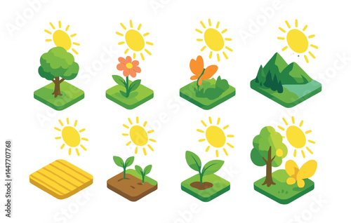 Nature and sun icons set – tree, flower, butterfly, mountains, garden, seedling, sunlight