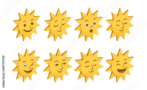 Sun faces icons set – happy, sleepy, surprised, wink, smile, calm, joyful, playful, sunny expressions