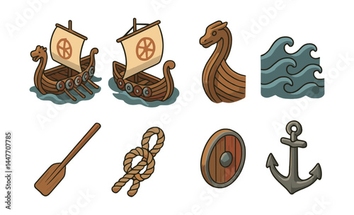 Isometric viking ships icons set – drakkar, longship, dragon head, waves, oar, rope, shield, anchor
