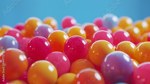 3D rendering of a pile of glossy balls. The balls are in various pastel colors and have a shiny surface. The background is a pale blue color.