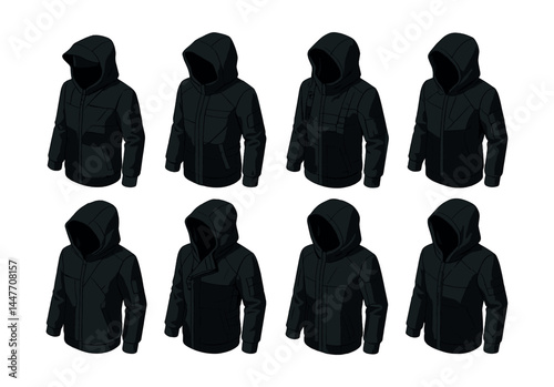 Techwear hoodie concept icons set – sleek, modern, tactical, functional, versatile designs