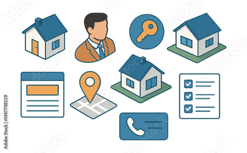 Real estate icons set – house, agent, key, location, clipboard