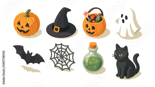 Halloween isometric icons set – pumpkin, witch hat, candy, ghost, bat, spiderweb, potion, black cat