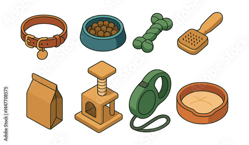 Pet supplies icons set – collar, food bowl, bone, litter scoop, food bag, scratching post, leash, pet bed