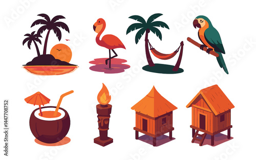 Tropical island icons set – relaxation, sunset, flamingo, palm trees, hammock, parrot