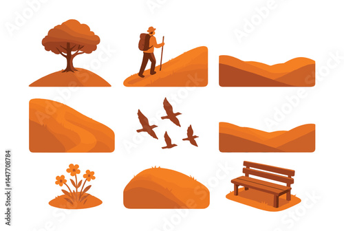 Hilltop sunset journey icons set – hiking, nature, tree, mountains, birds, path, sunrise, bench