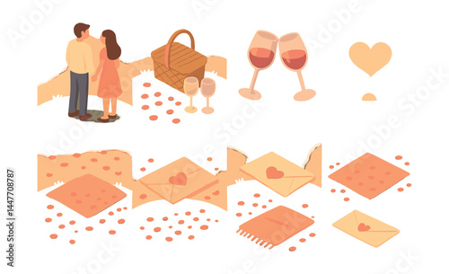 Romantic picnic icons set – couple, basket, wine, glasses, heart, rose petals, napkins, envelope, sunset