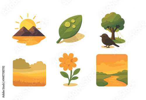 Isometric nature icons set: sunrise, mountains, leaf, tree, bird, flower, landscape