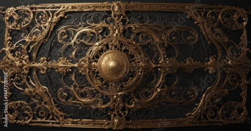 Black background, gold filigree, ornate detailing, metallic highlights, elegant, gilded