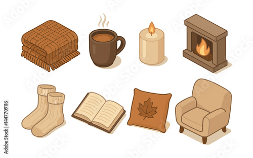 Cozy autumn icons set – blanket, mug, candle, fireplace, socks, book, pillow, armchair