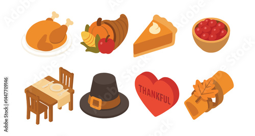 Thanksgiving feast icons set – turkey, cornucopia, pie, cranberries, pilgrim hat, thankful heart, dinner table