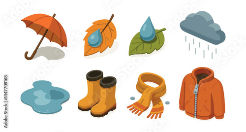 Rainy autumn essentials icons set – umbrella, leaf, raindrop, cloud, boots, scarf, jacket